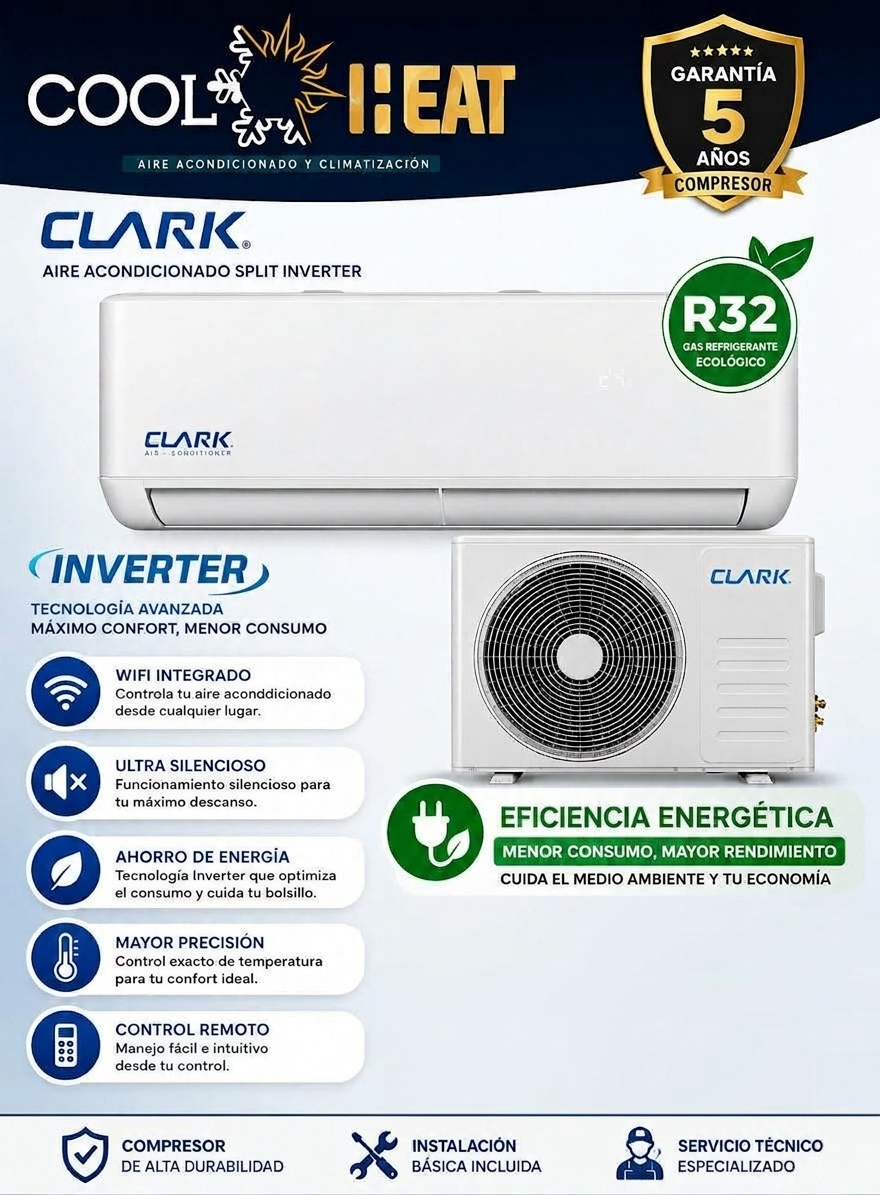 Equipo de aire acondicionado Inverter CoolHeat Clark con garantía de 5 años